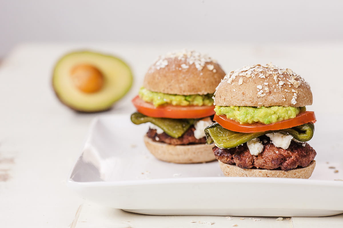 Beef Sliders with Avocado, Roasted Poblano Pepper, and Cotija Cheese