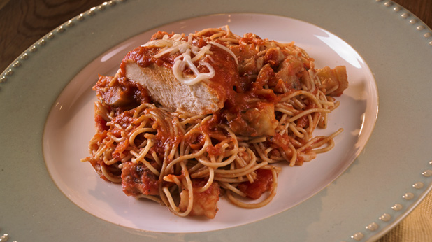 Slow Cooker Chicken Parmesan with Eggplant and Angel Hair Pasta