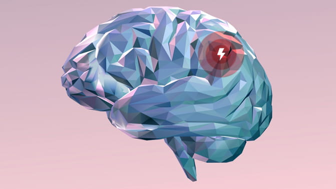 Brain image with lightning bolt indicating stroke