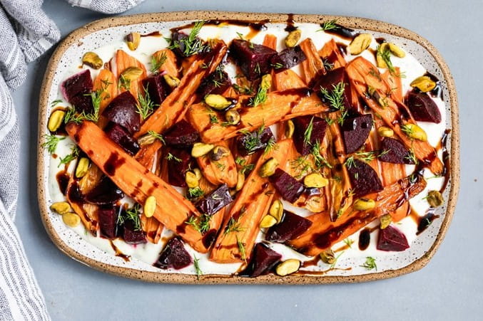 Roasted Carrots and Beets with Dill Yogurt Sauce