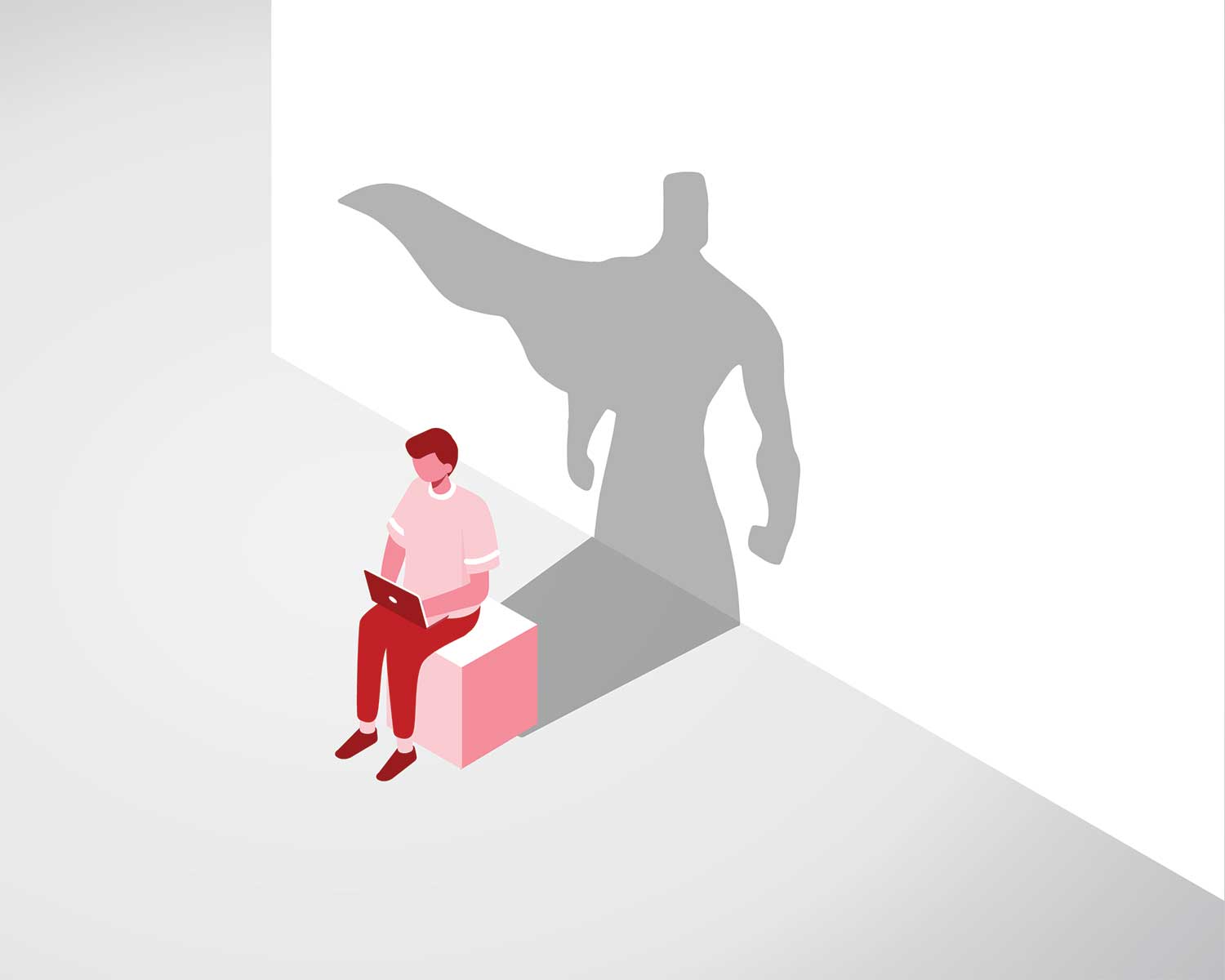 graphic of man on laptop with super hero shadow