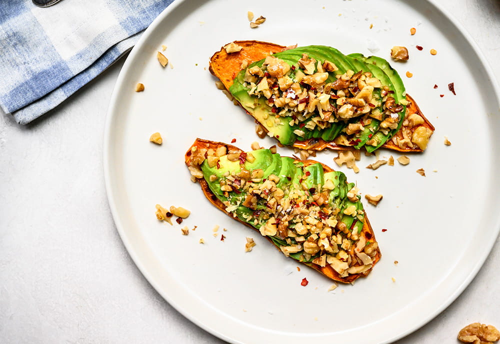 Sweet Potato Avocado Toasts with Walnuts