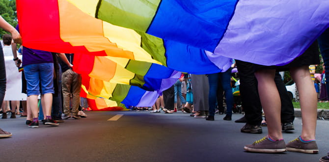 People holding a rainbow-colored  parachute.