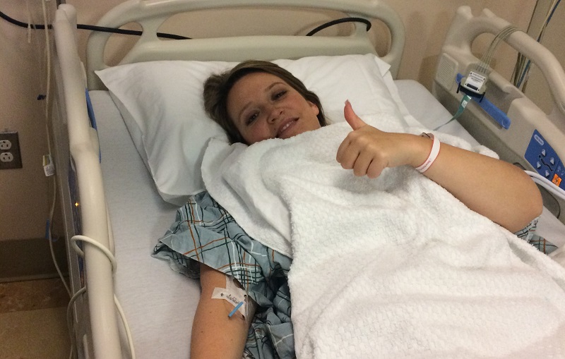 Diana Mauro giving a thumbs-up after awaking from surgery in January 2017. (Courtesy of Diana Mauro)
