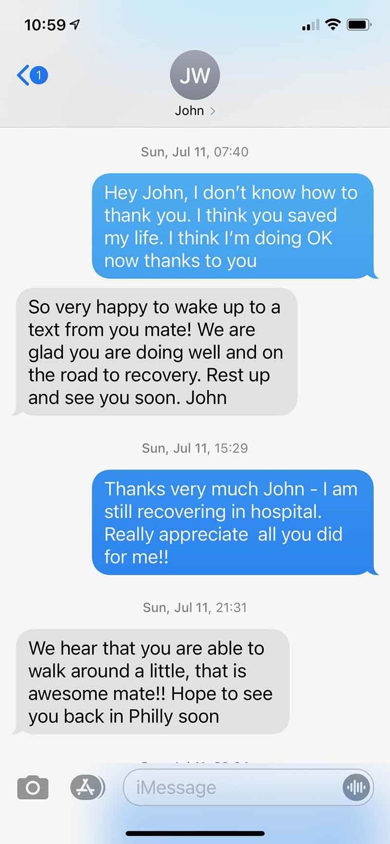 Text between Kevin and John White, whose immediate, high-quality CPR played a major role in Kevin’s survival and full recovery. (Screenshot courtesy of Kevin Volpp)