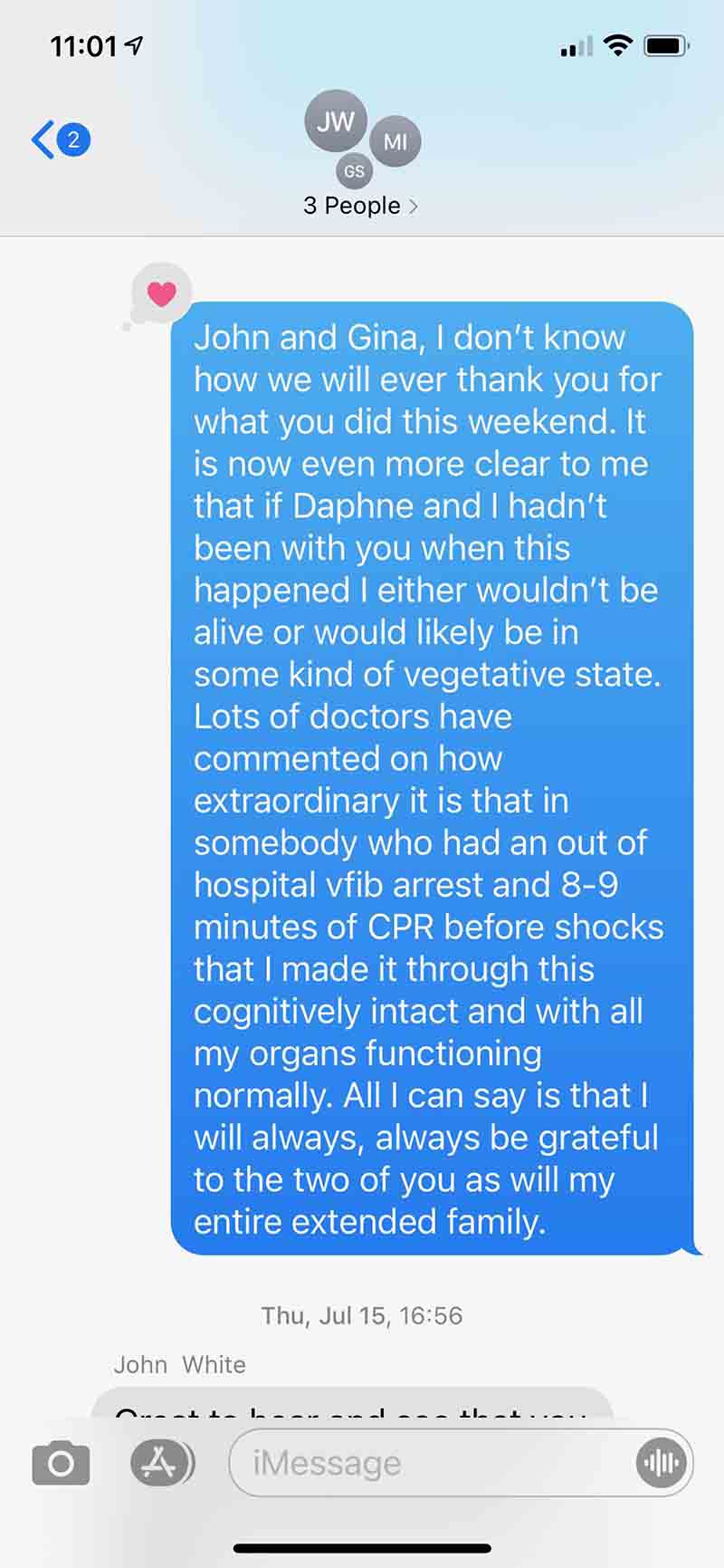 Text Kevin sent John White and Gina Stoker a few days after they helped save his life. Receiving this text was a huge relief for Stoker because it showed that Kevin would still “be Kevin” despite all he’d been through. (Screenshot courtesy of Kevin Volpp)