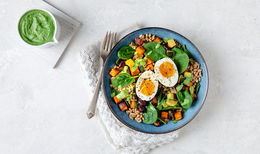 American Egg Board Green Goddess Grain Bowl with Soft-Boiled Egg Heart-Check certified recipe