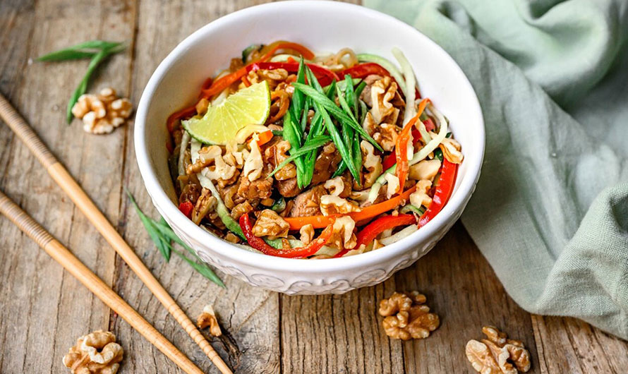Teriyaki Pork & Walnut Zucchini Noodle Bowl