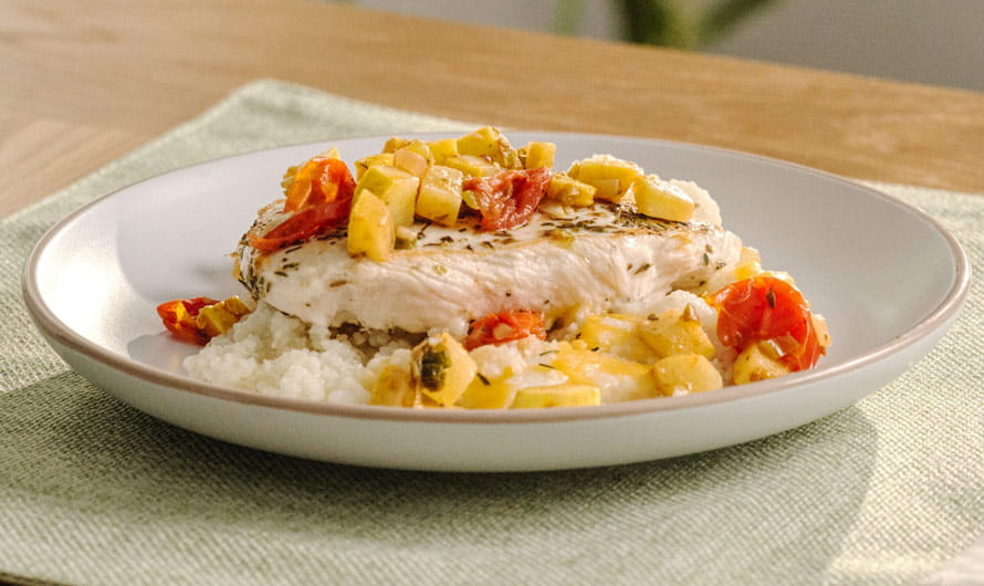 Herbed Chicken on Grits with Squash and Tomatoes