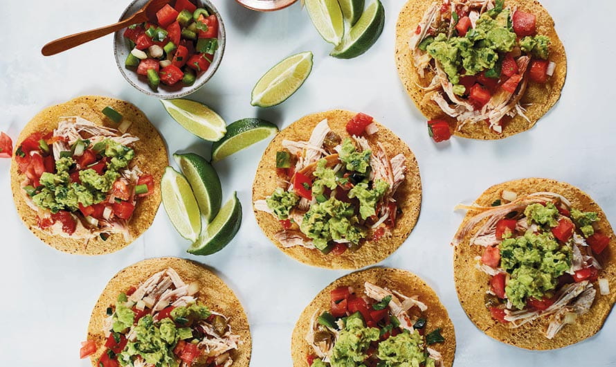 Pulled Turkey Tostadas with Cucumber Guacamole 
